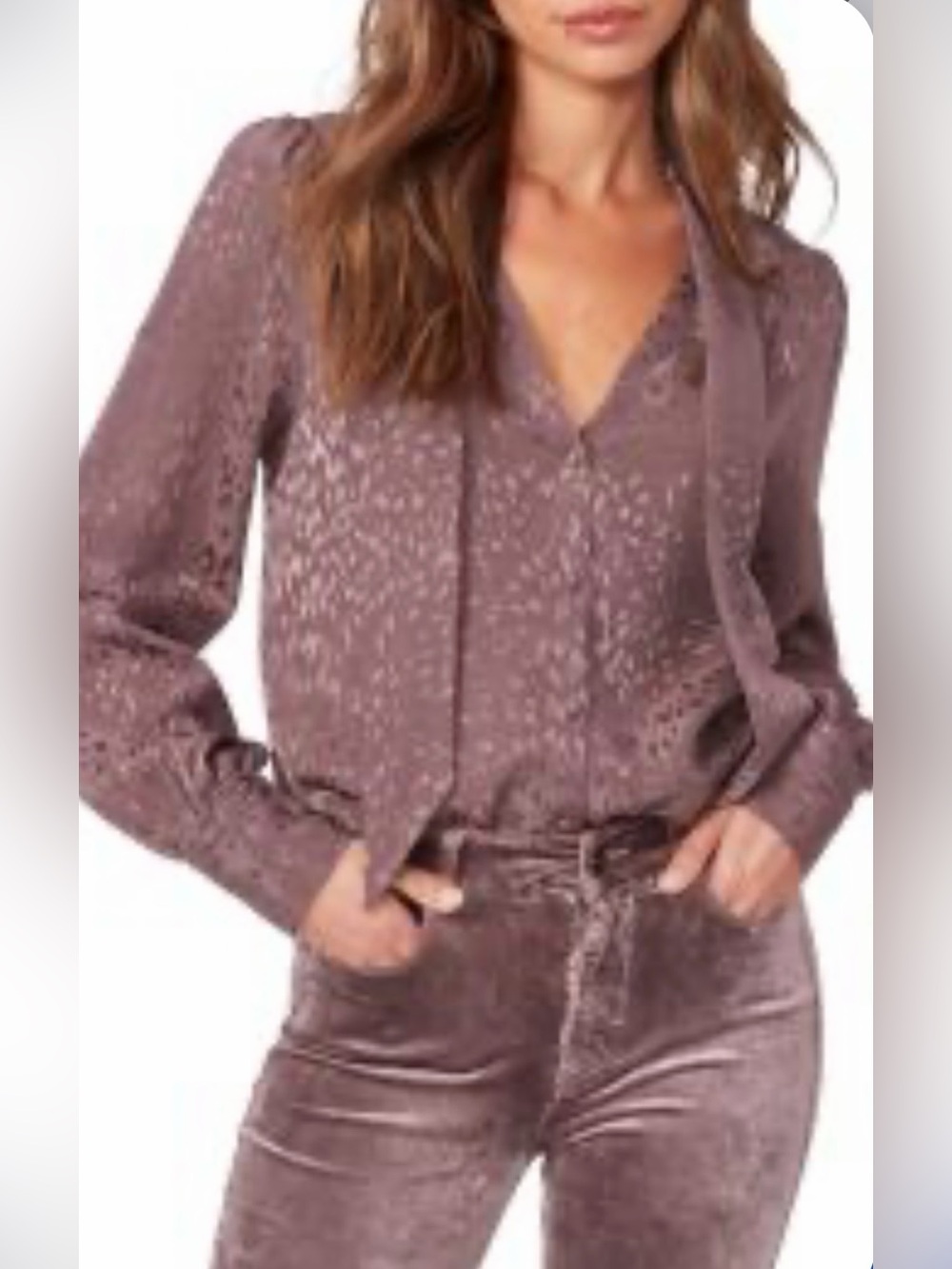 PAIGE Cleobelle Blouse Size L Womens Truffle Color Tie-Neck Silk Blouse
